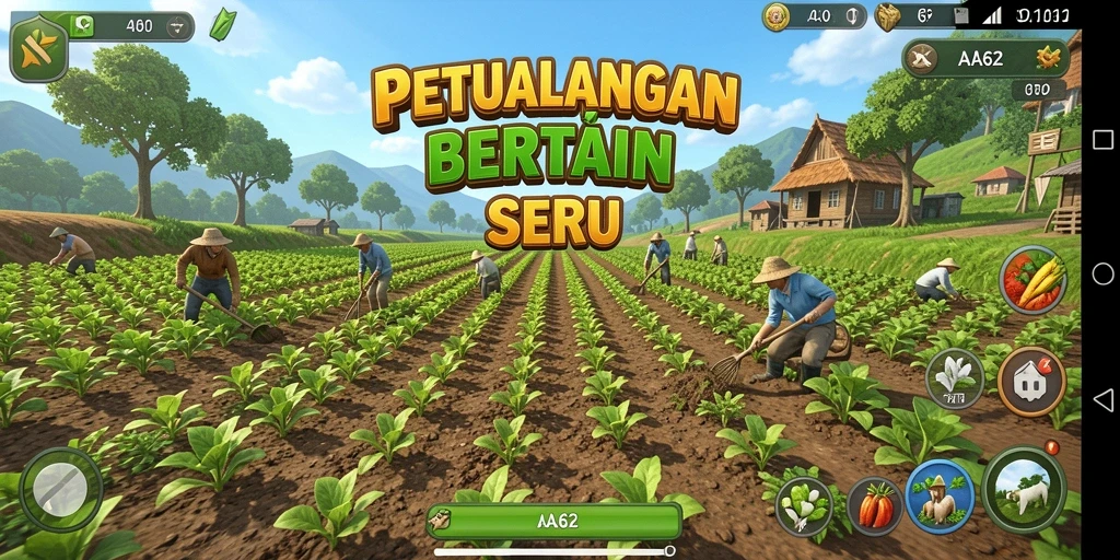 Tampilan gameplay AA62 dengan berbagai tanaman dan hewan ternak.