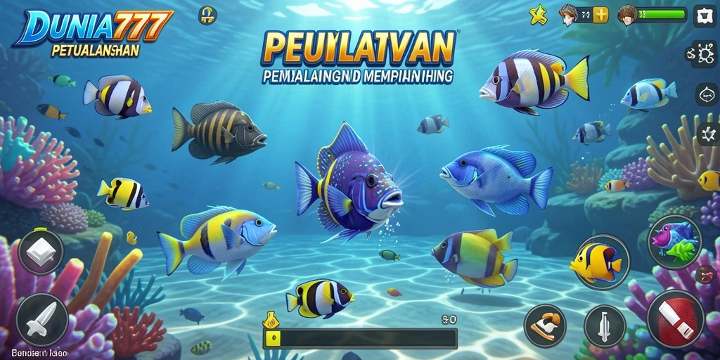 Screenshot DUNIA777 menampilkan aksi seru memancing ikan di laut.