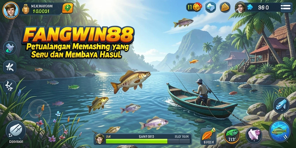 Tampilan gameplay FANGWIN88 saat memancing di danau yang tenang.
