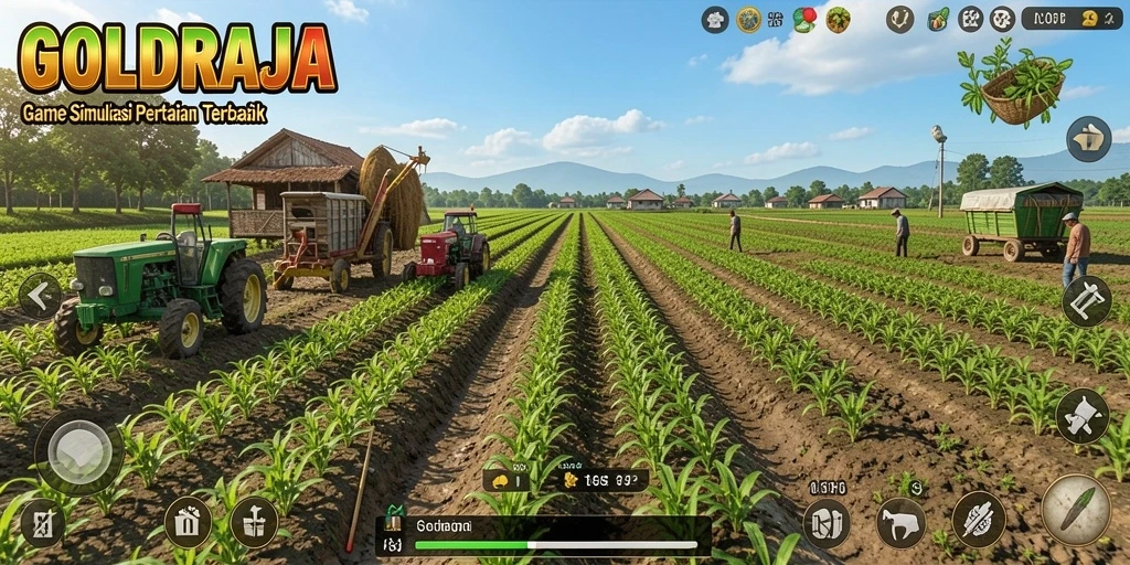 Screenshot gameplay GOLDRAJA menampilkan aktivitas bertani yang seru