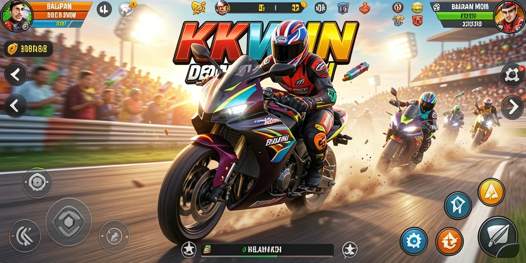 Gameplay KKWIN menampilkan balapan motor yang mendebarkan dan aksi yang cepat.