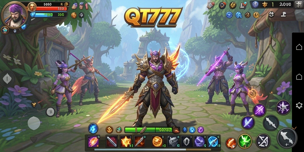 Screenshot gameplay QT777 menampilkan pertarungan epik antara karakter pemain dan monster.