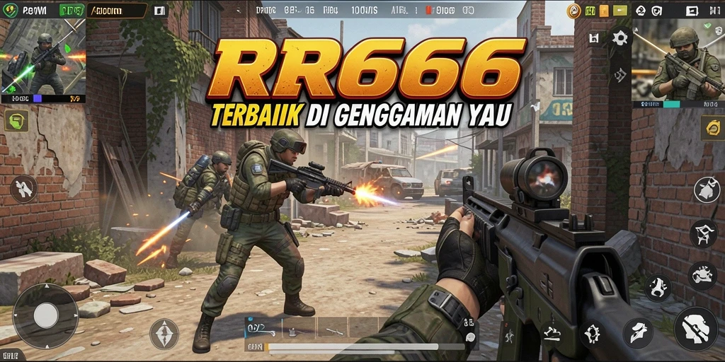 Tampilkan gameplay intens dari RR666 dengan aksi tembak-menembak.