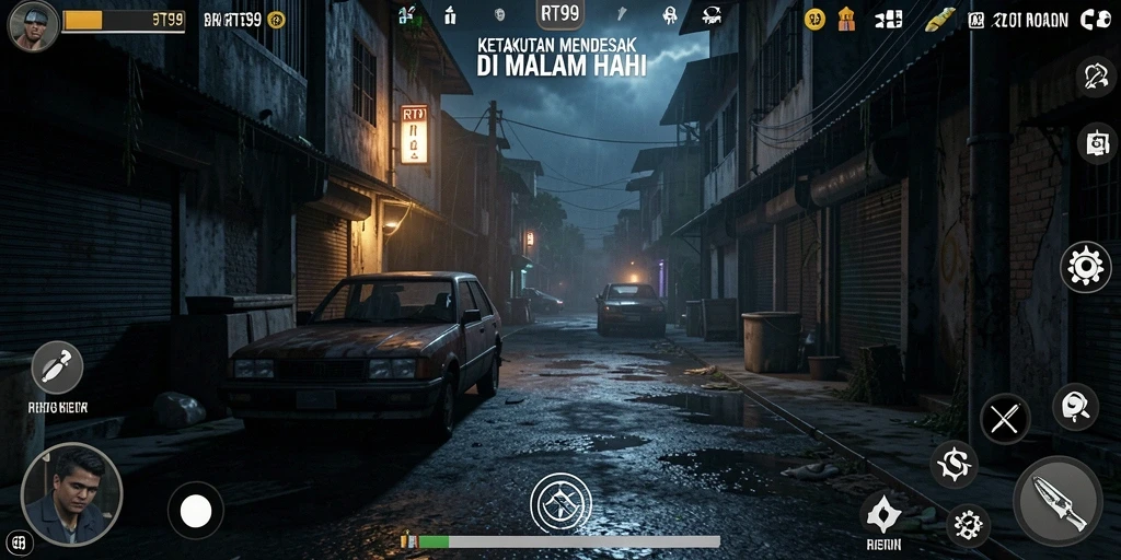 Tangkapan layar gameplay RT99 menunjukkan suasana mencekam saat menjelajahi ruangan gelap.