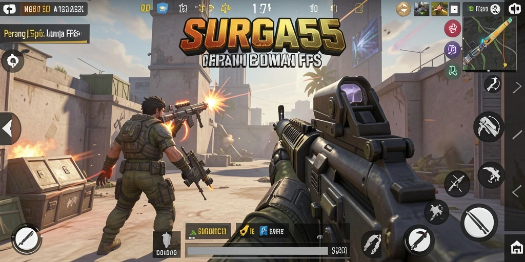 Screenshot gameplay SURGA55 yang menegangkan dengan aksi tembak-menembak.